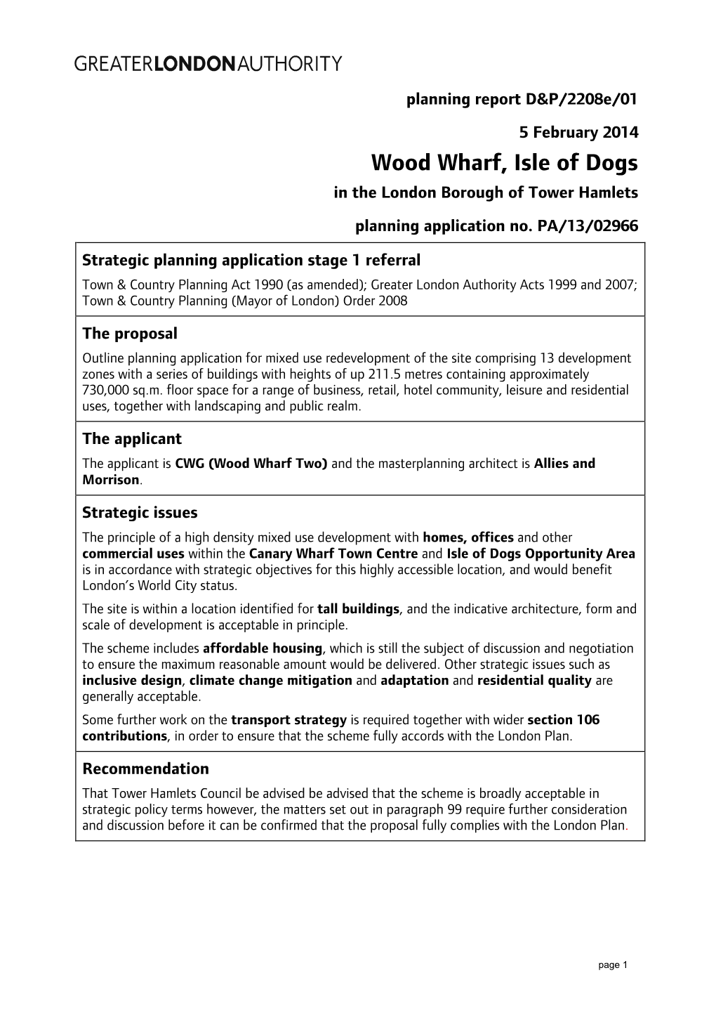 Wood Wharf, Isle of Dogs in the London Borough of Tower Hamlets Planning Application No