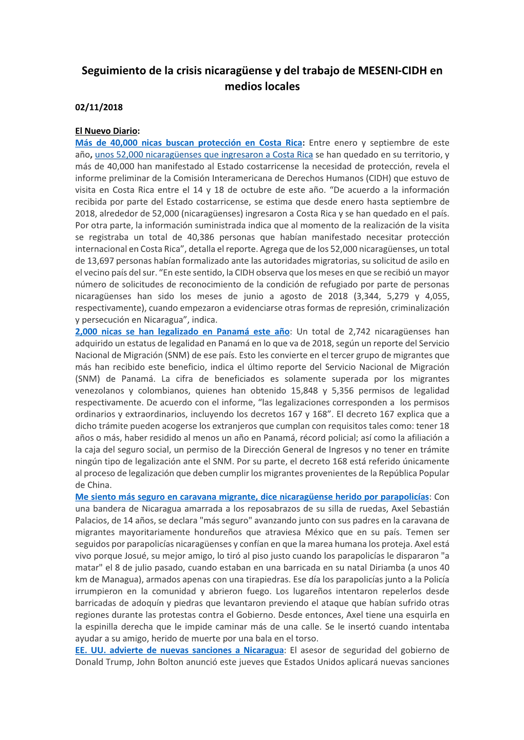 Seguimiento De La Crisis Nicaragüense Y Del Trabajo De MESENI-CIDH En Medios Locales 02/11/2018