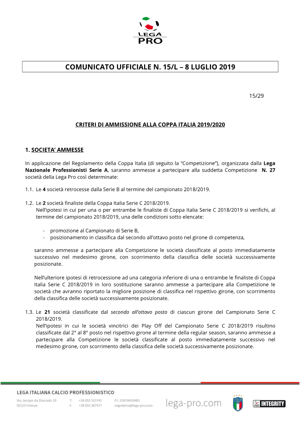 Comunicato Ufficiale N. 15/L – 8 Luglio 2019