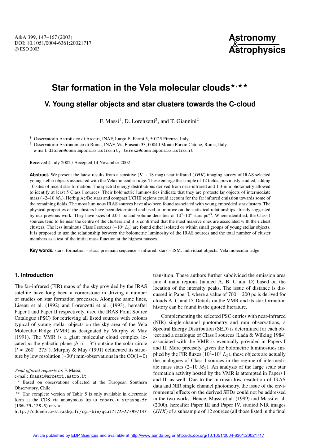 Star Formation in the Vela Molecular Clouds�,