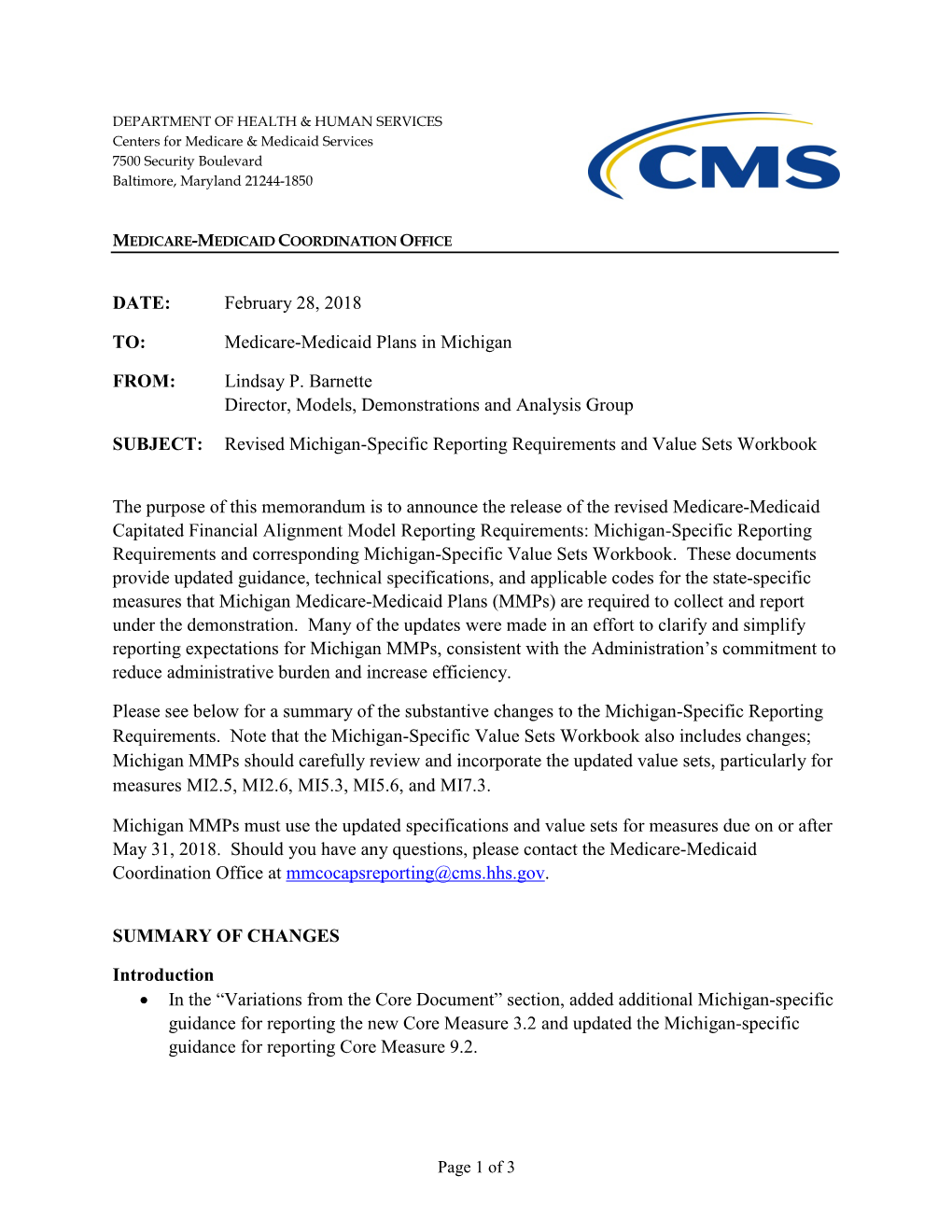 Michigan-Specific Reporting Update Memorandum