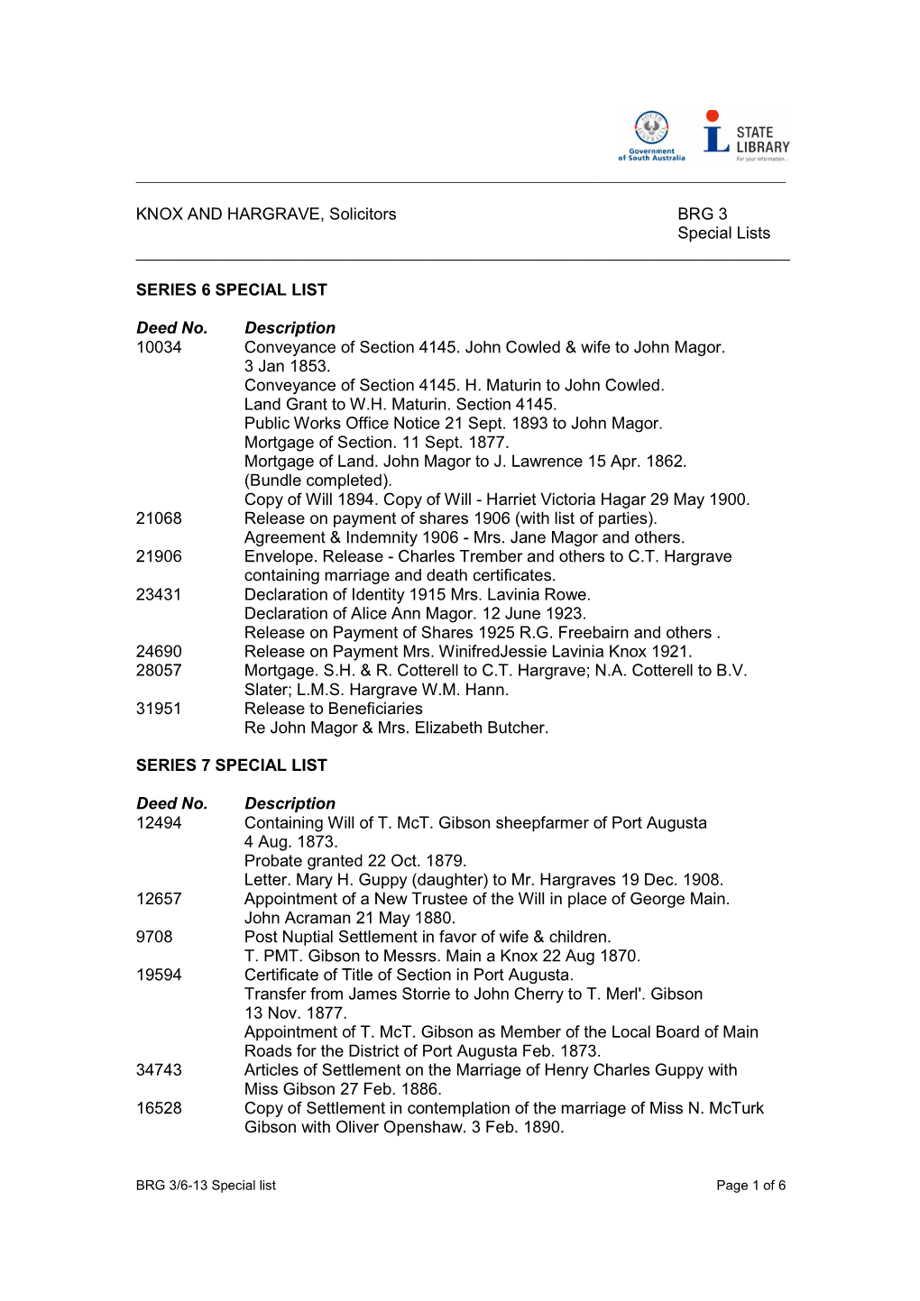 KNOX and HARGRAVE, Solicitors BRG 3 Special Lists ______