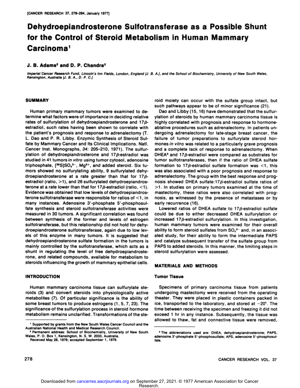 Dehydroepiandrosterone Sulfotransferase As a Possible Shunt for the Control of Steroid Metabolism in Human Mammary Carcinoma1