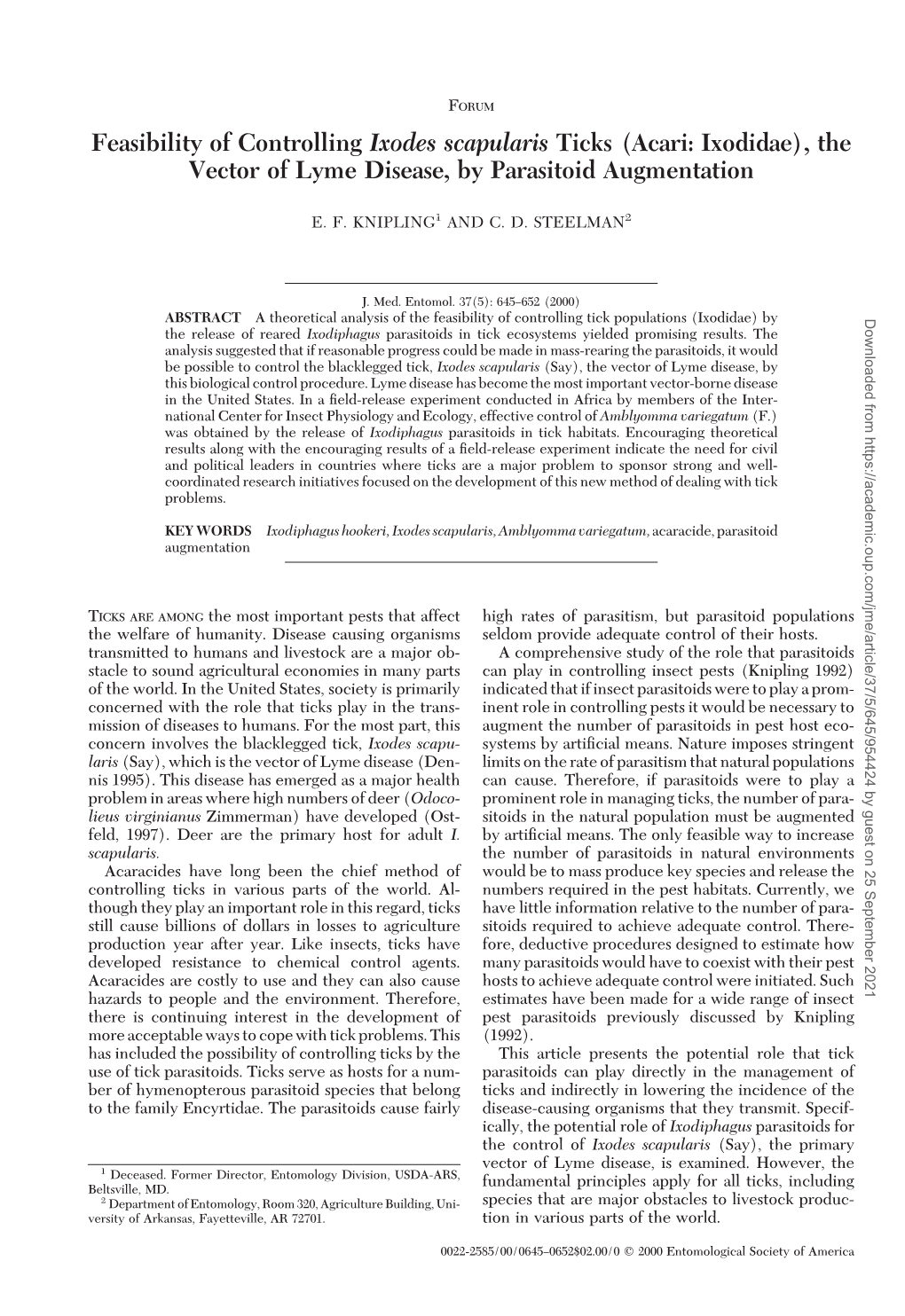 Feasibility of Controlling Ixodes Scapularis Ticks (Acari: Ixodidae), the Vector of Lyme Disease, by Parasitoid Augmentation