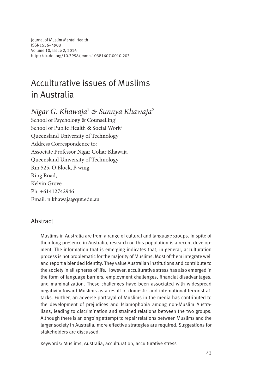 Acculturative Issues of Muslims in Australia