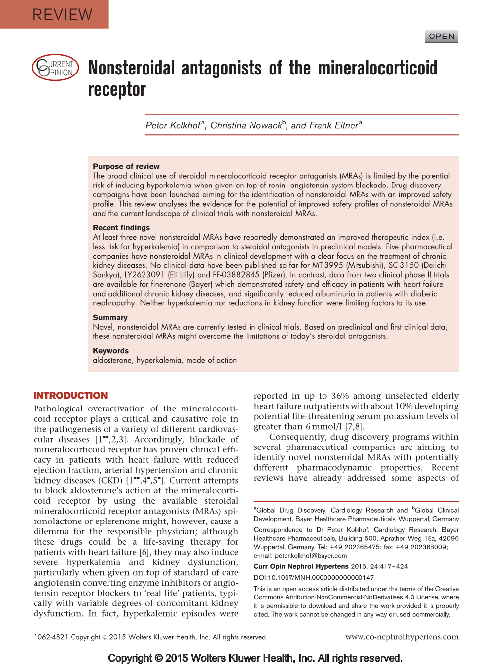 CURRENT OPINION Nonsteroidal Antagonists of the Mineralocorticoid Receptor