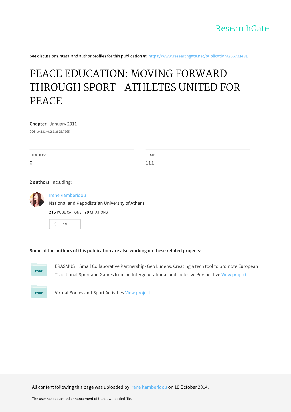 Peace Education: Moving Forward Through Sport– Athletes United for Peace