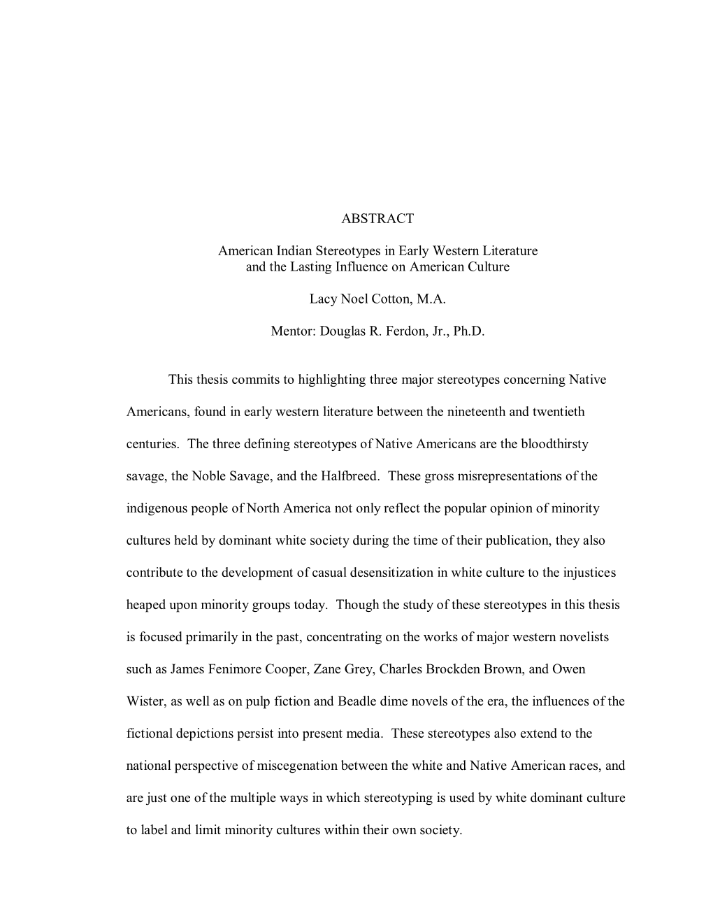 American Indian Stereotypes in Early Western Literature and the Lasting Influence on American Culture