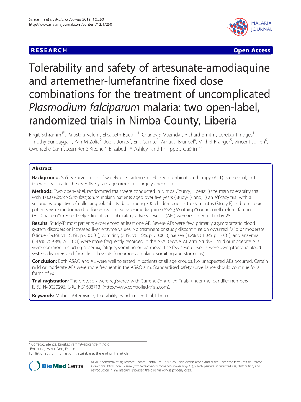 Tolerability and Safety of Artesunate-Amodiaquine