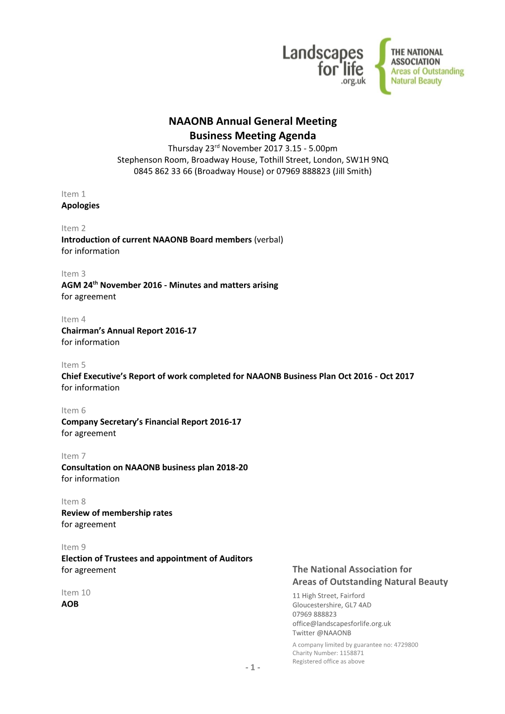 NAAONB Annual General Meeting Business Meeting Agenda