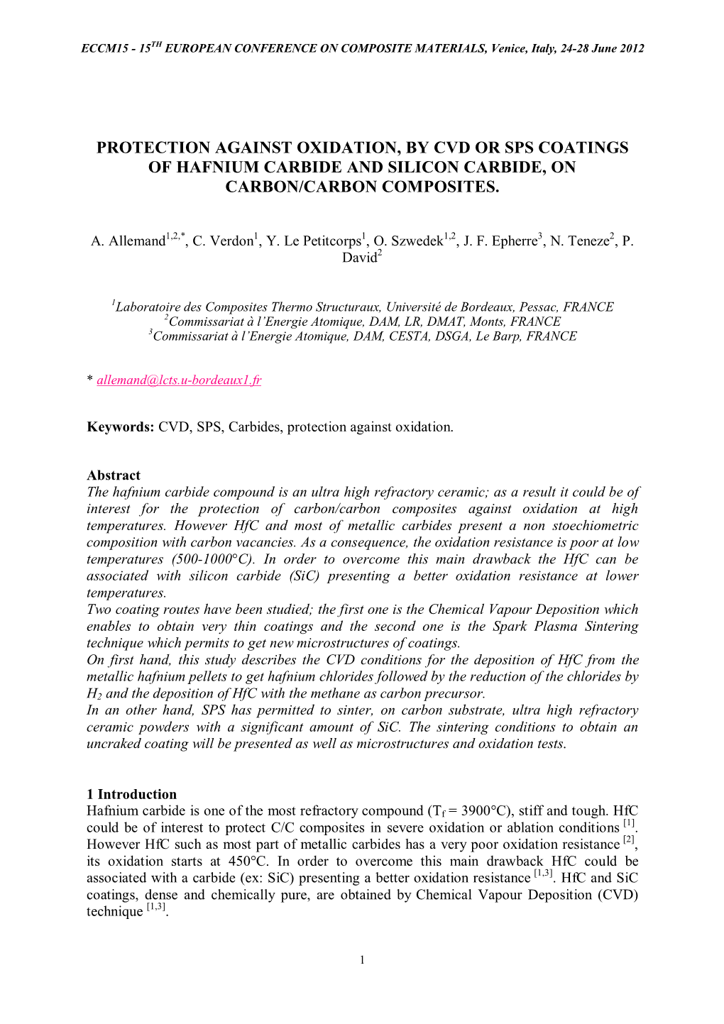 Protection Against Oxidation, by Cvd Or Sps Coatings of Hafnium Carbide and Silicon Carbide, on Carbon/Carbon Composites