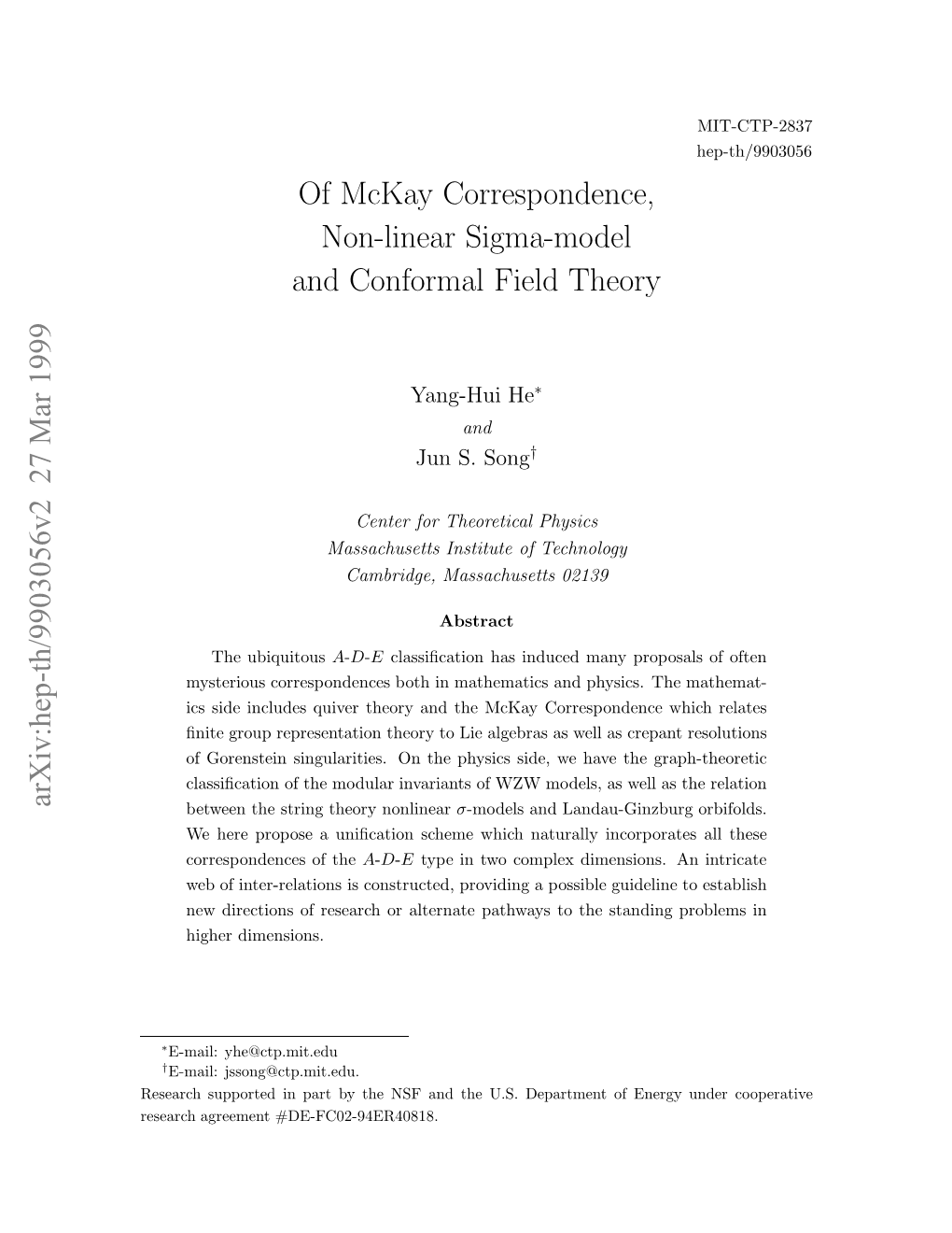 Of Mckay Correspondence, Non-Linear Sigma-Model And