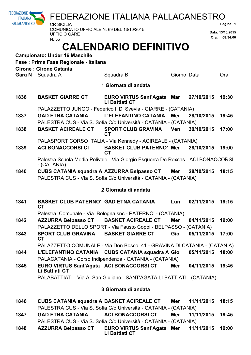 CALENDARIO DEFINITIVO Campionato: Under 16 Maschile Fase : Prima Fase Regionale - Italiana Girone : Girone Catania Gara N Squadra a Squadra B Giorno Data Ora