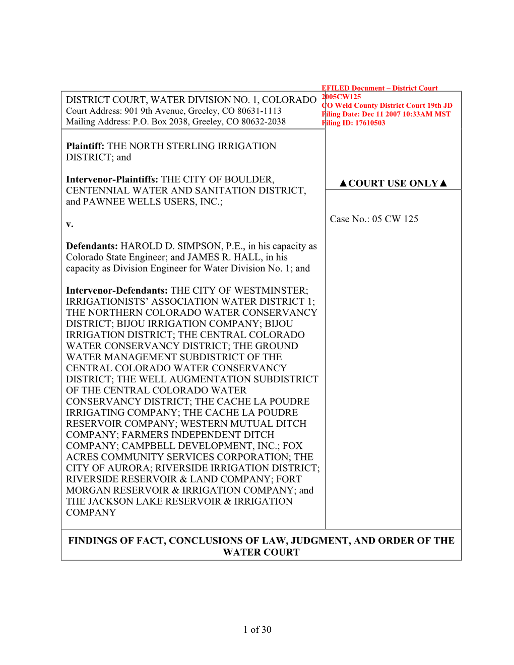 Final Order – North Sterling Irrigation District V. Simpson