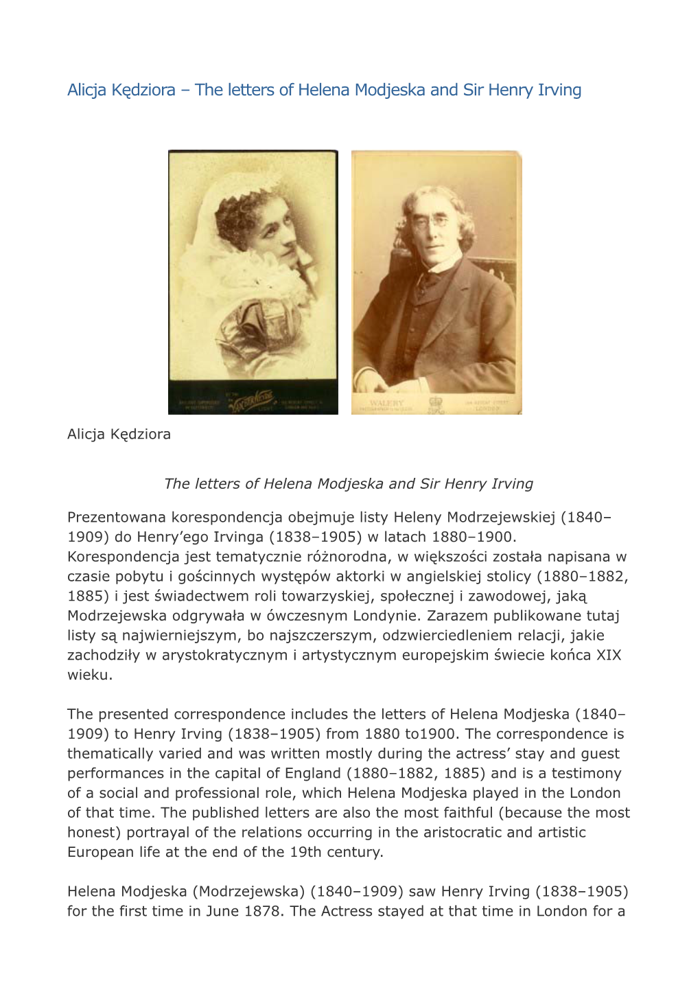 The Letters of Helena Modjeska and Sir Henry Irving