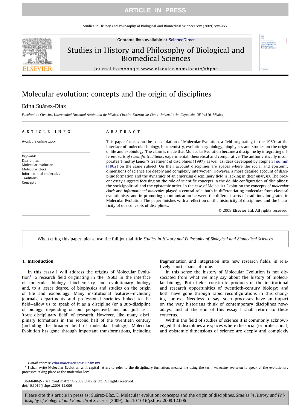 Molecular Evolution: Concepts and the Origin of Disciplines