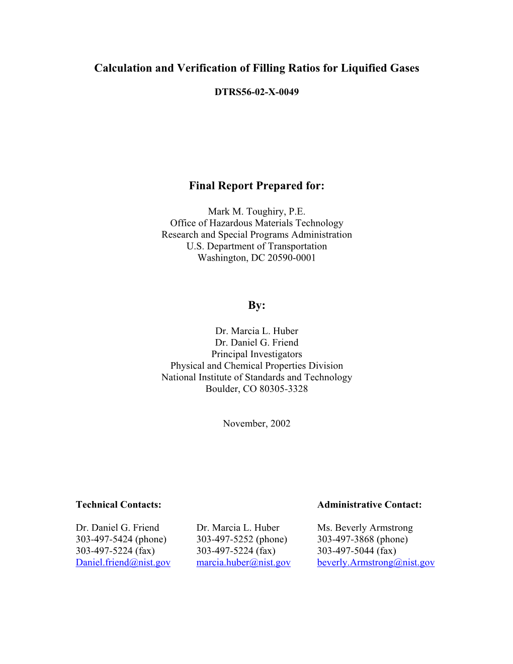 Calculation and Verification of Filling Ratios for Liquified Gases Final Report Prepared For