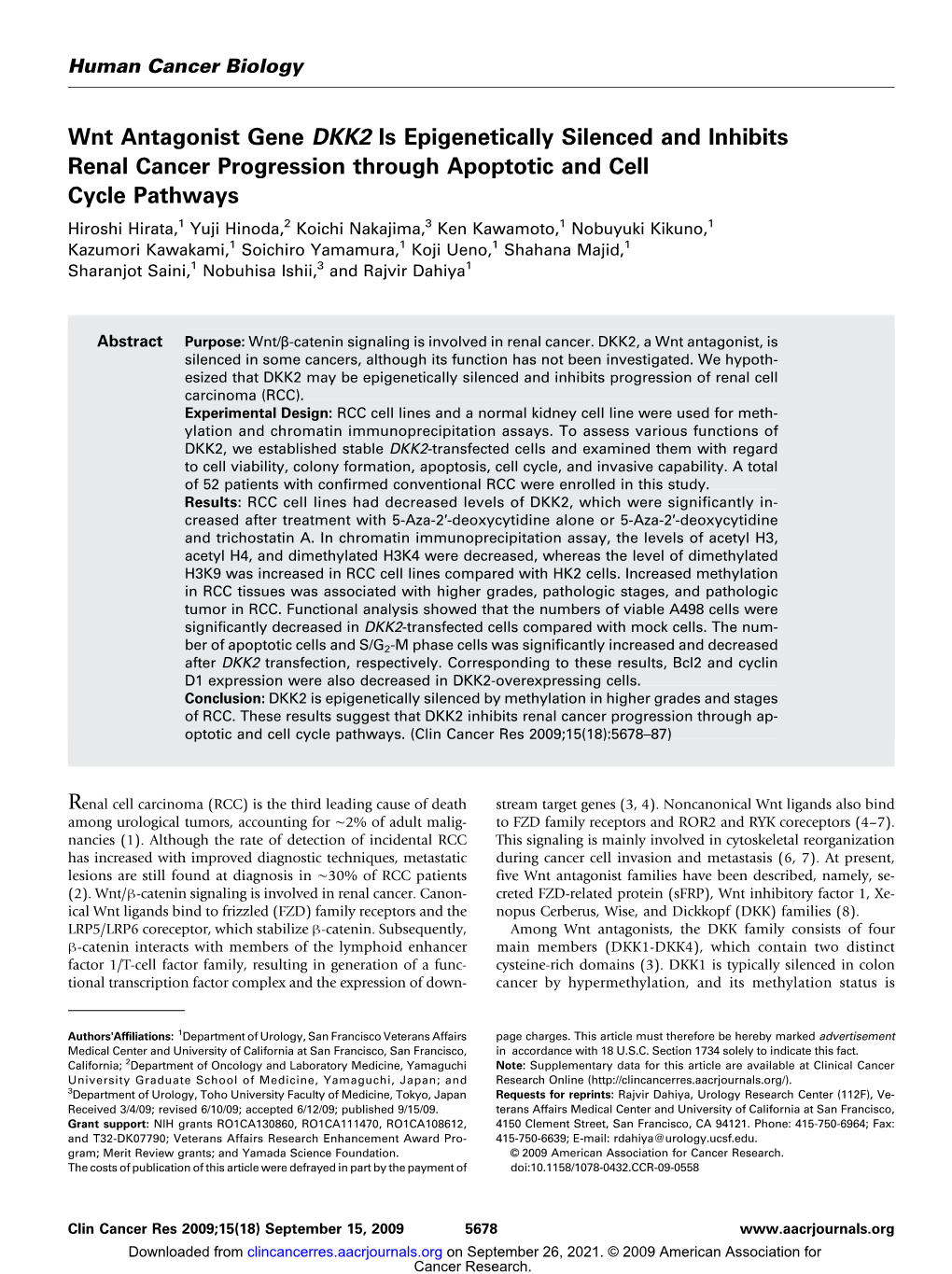 Wnt Antagonist Gene DKK2 Is Epigenetically Silenced and Inhibits