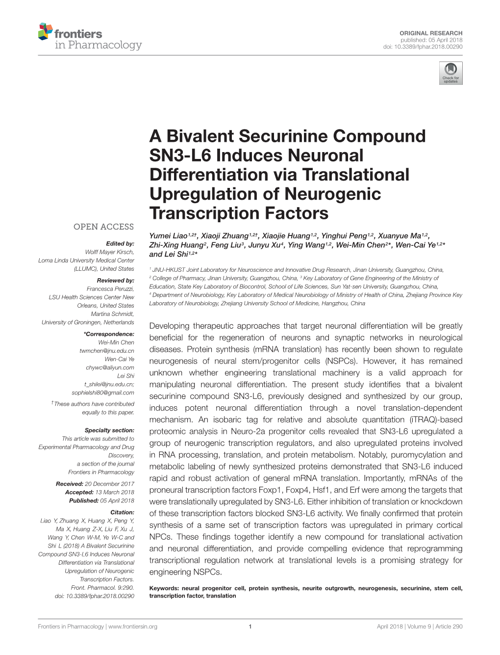 A Bivalent Securinine Compound SN3-L6 Induces Neuronal Differentiation Via Translational Upregulation of Neurogenic Transcription Factors