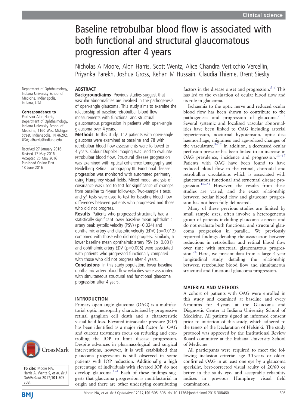 Baseline Retrobulbar Blood Flow Is Associated with Both Functional and Structural Glaucomatous Progression After 4 Years