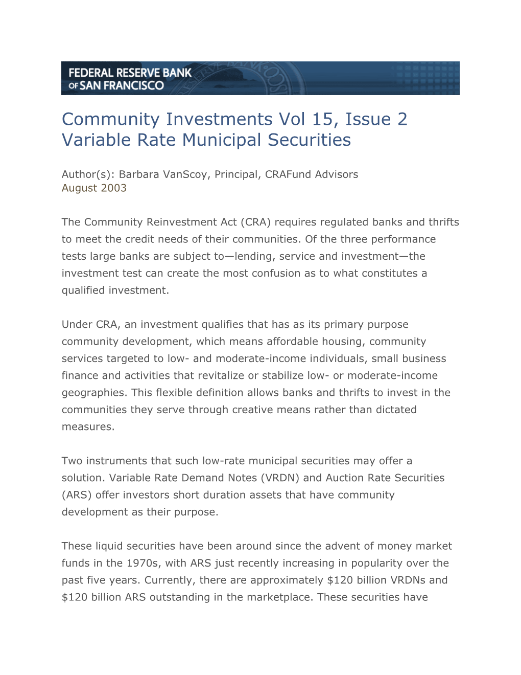 Community Investments Vol 15, Issue 2 Variable Rate Municipal Securities