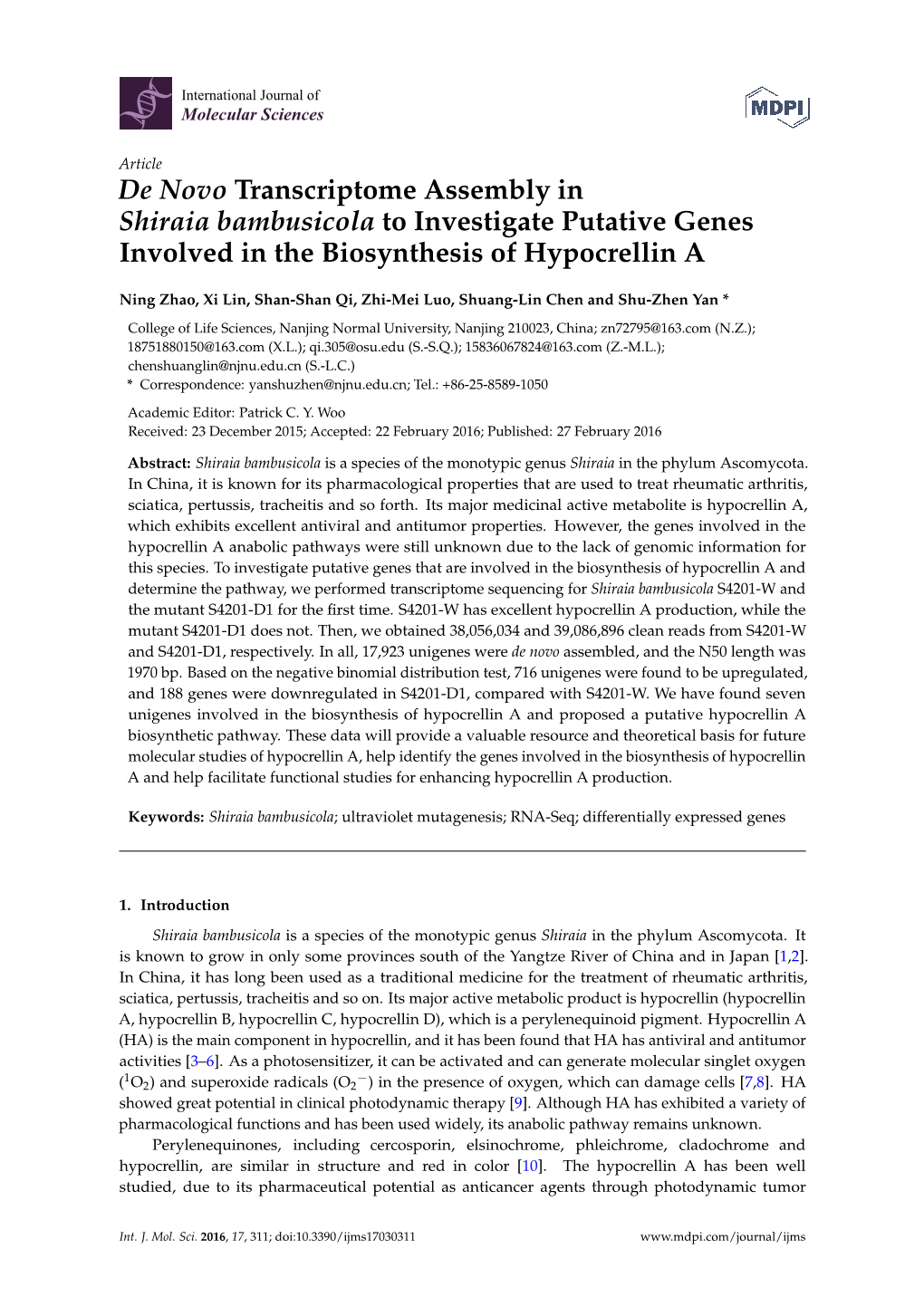 De Novo Transcriptome Assembly in Shiraia Bambusicola to Investigate Putative Genes Involved in the Biosynthesis of Hypocrellin A