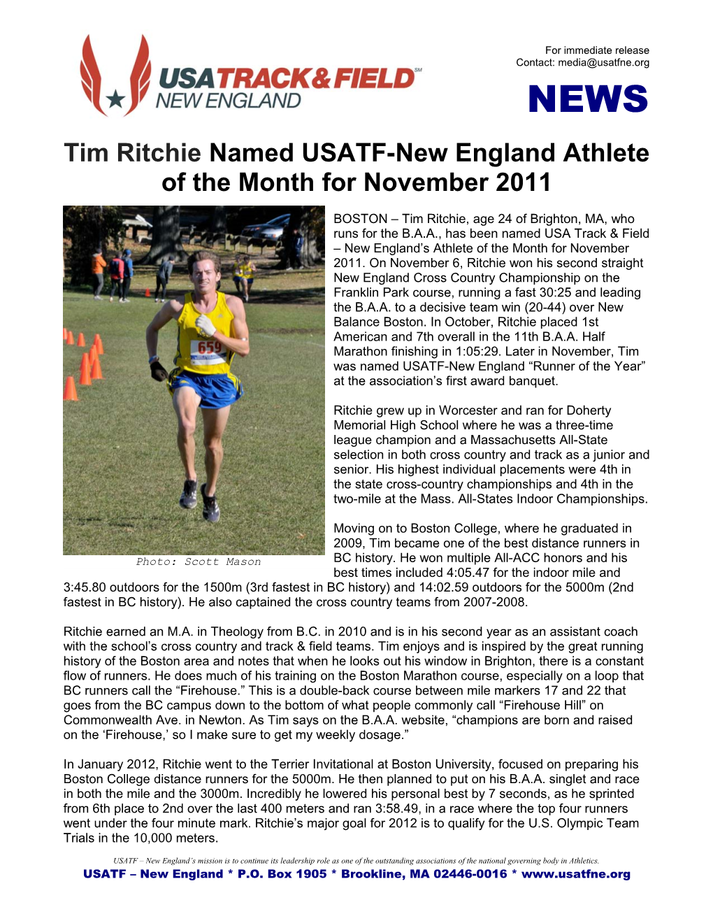 Tim Ritchie Named USATF-New England Athlete of the Month for November 2011