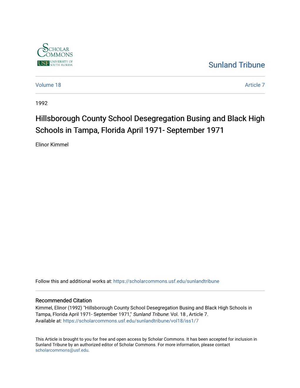 Hillsborough County School Desegregation Busing and Black High Schools in Tampa, Florida April 1971- September 1971