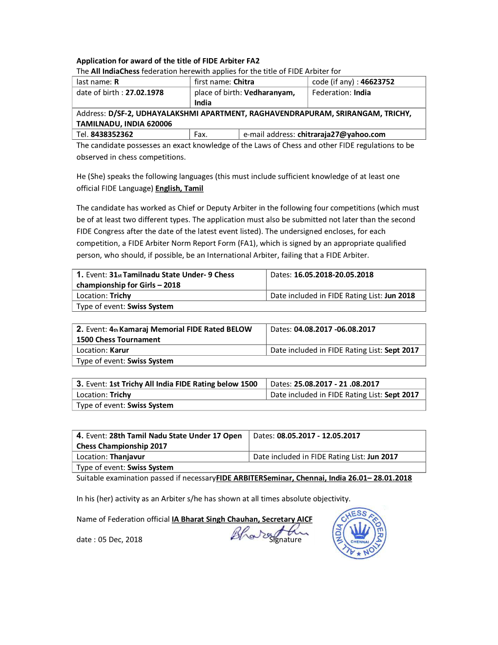 Application for Award of the Title of FIDE Arbiter FA2 the All