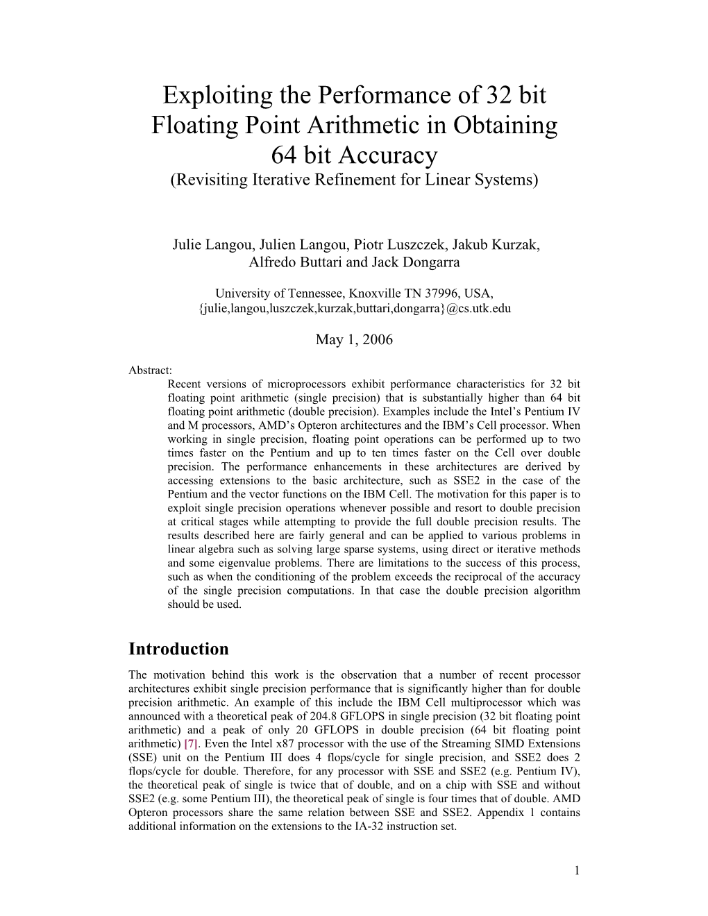 Exploiting the Performance of 32 Bit Floating Point Arithmetic in Obtaining 64 Bit Accuracy (Revisiting Iterative Refinement for Linear Systems)