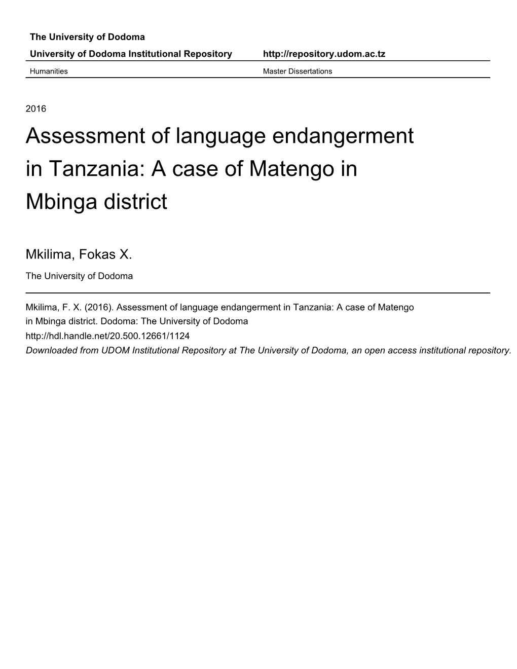 Assessment of Language Endangerment in Tanzania: a Case of Matengo in Mbinga District