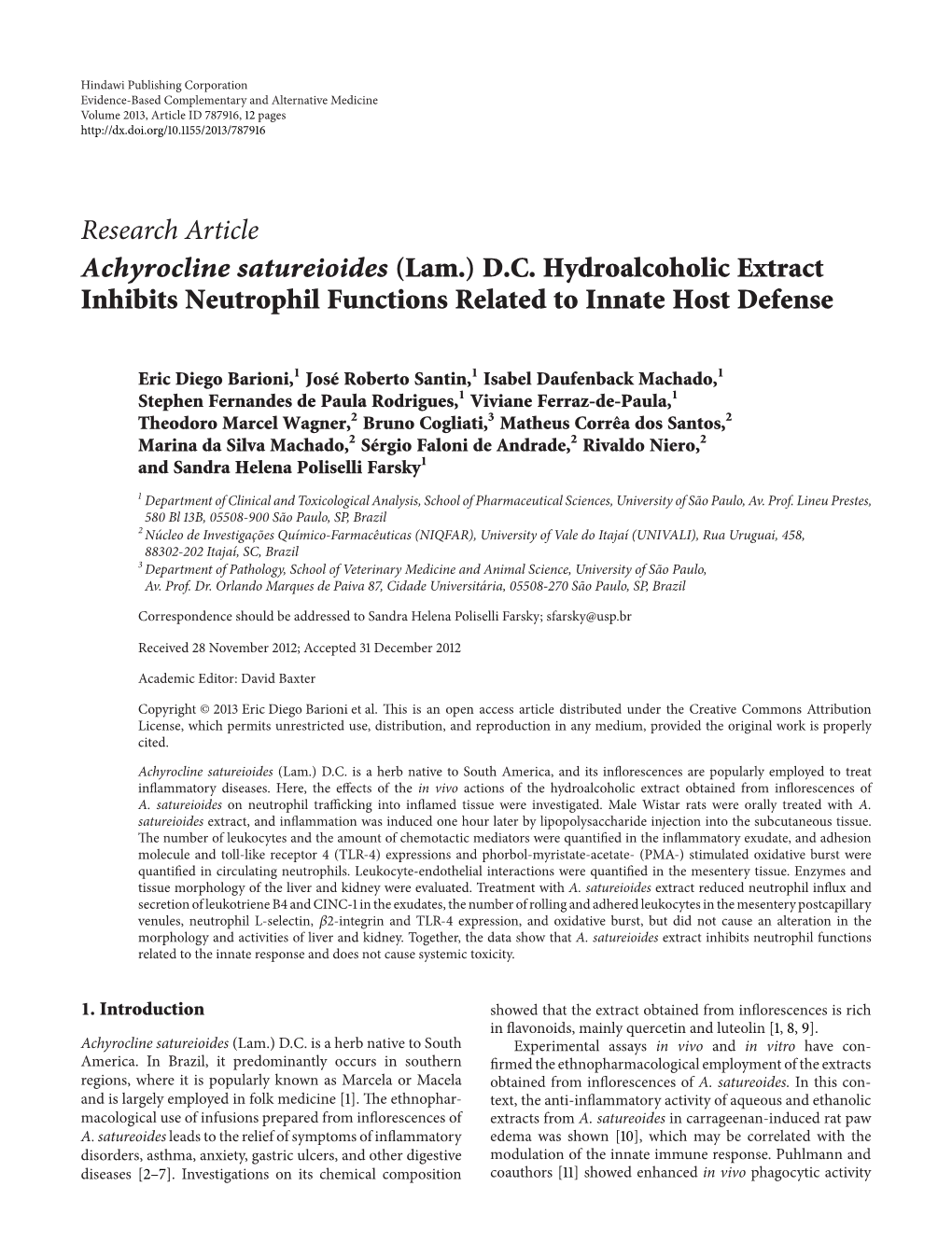 (Lam.) DC Hydroalcoholic Extract Inhibits Neutrophil Functions