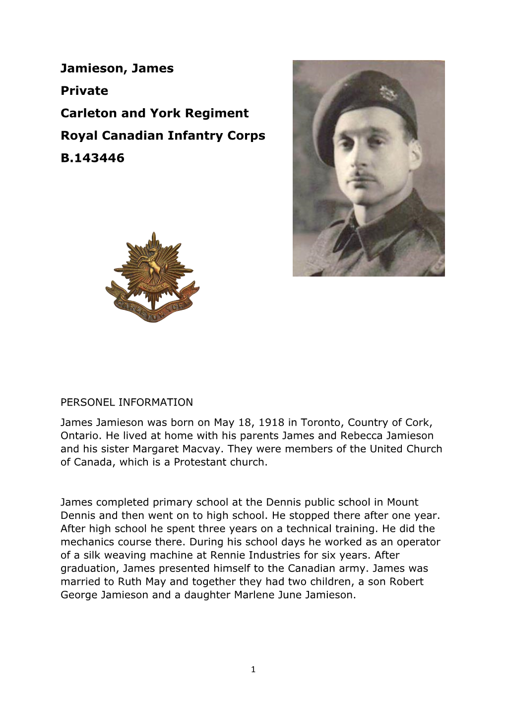 Jamieson, James Private Carleton and York Regiment Royal Canadian Infantry Corps B.143446