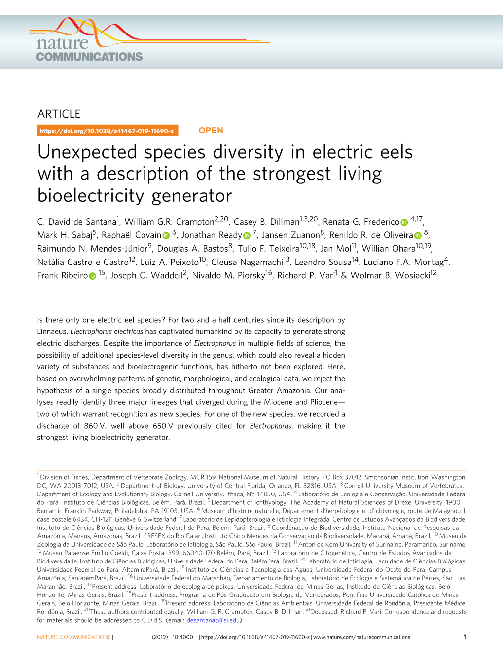 Unexpected Species Diversity in Electric Eels with a Description of the Strongest Living Bioelectricity Generator