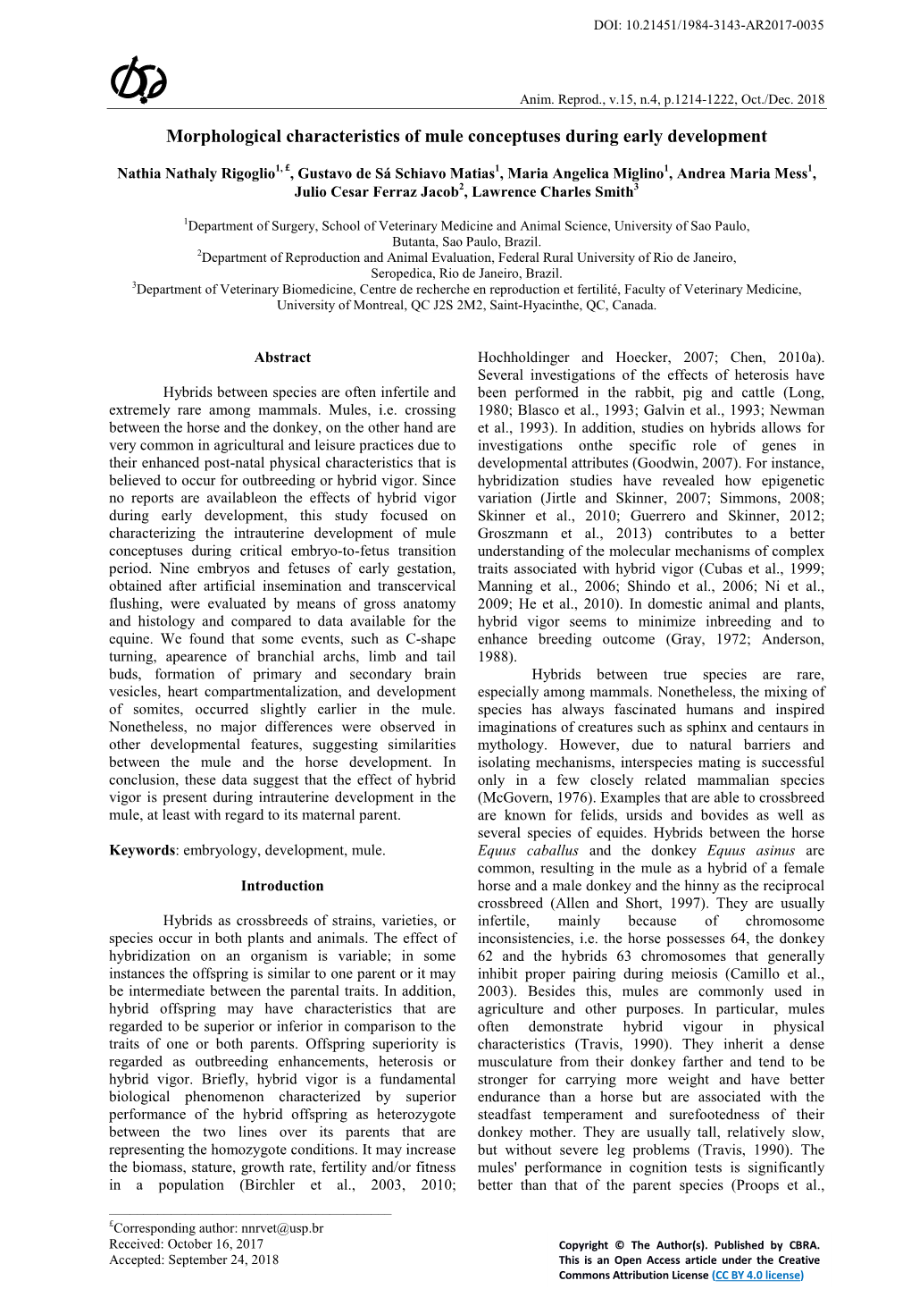 Morphological Characteristics of Mule Conceptuses During Early Development