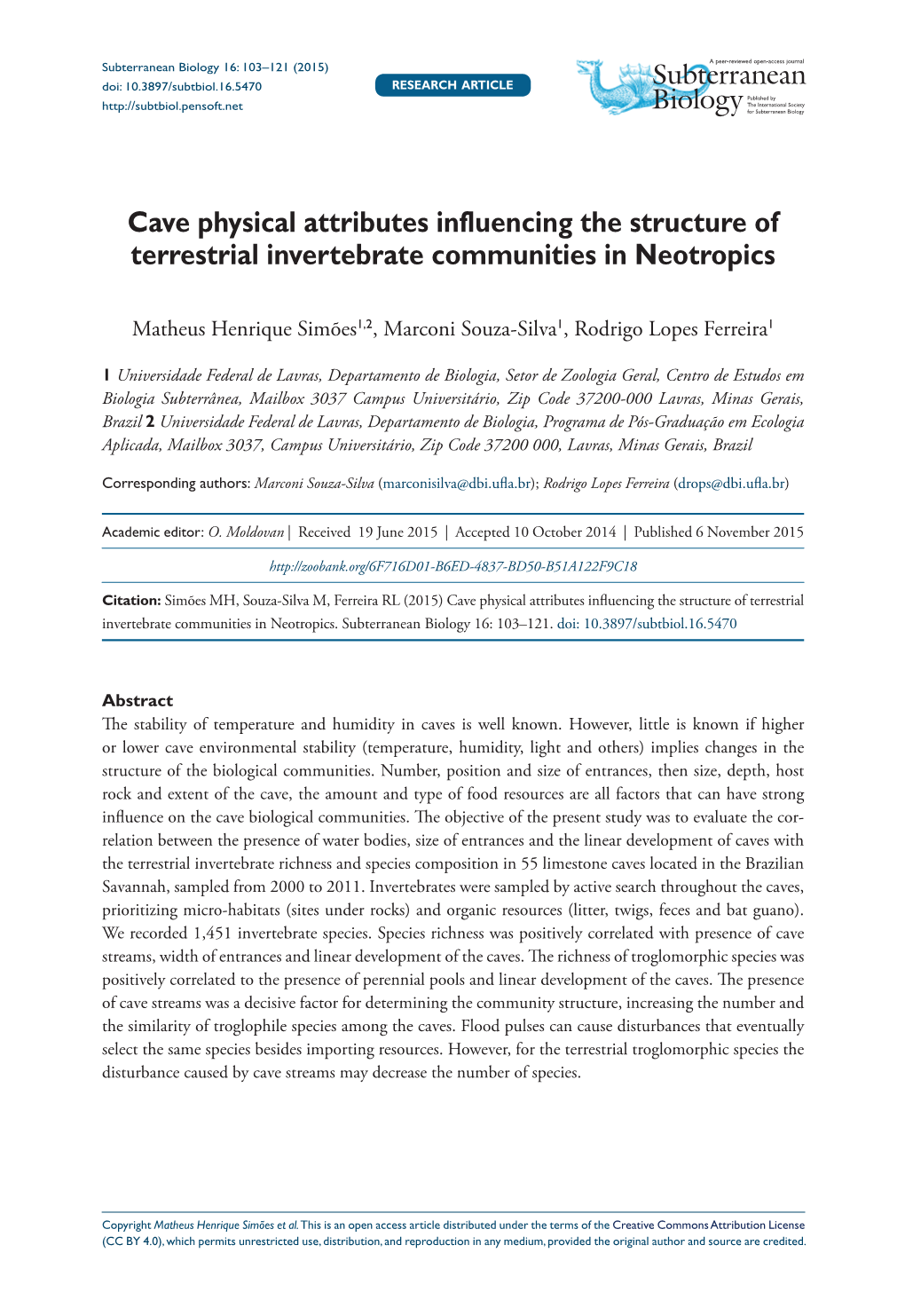 ﻿Cave Physical Attributes Influencing the Structure of Terrestrial