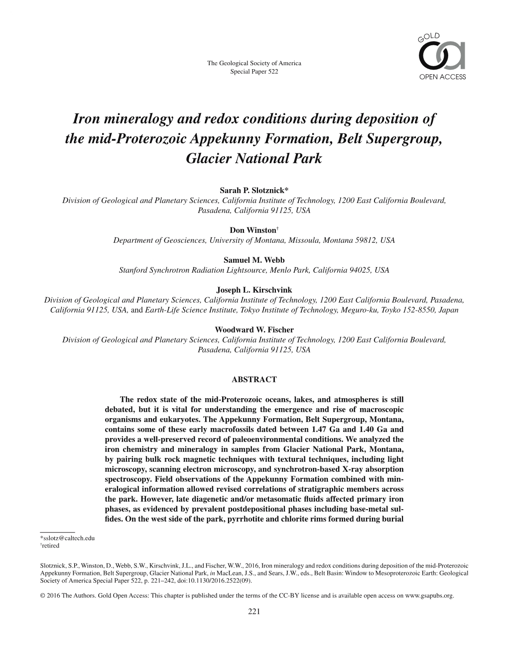 Iron Mineralogy and Redox Conditions During Deposition of the Mid-Proterozoic Appekunny Formation, Belt Supergroup, Glacier National Park