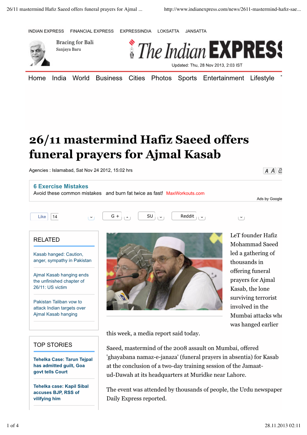 26/11 Mastermind Hafiz Saeed Offers Funeral Prayers for Ajmal Kasab