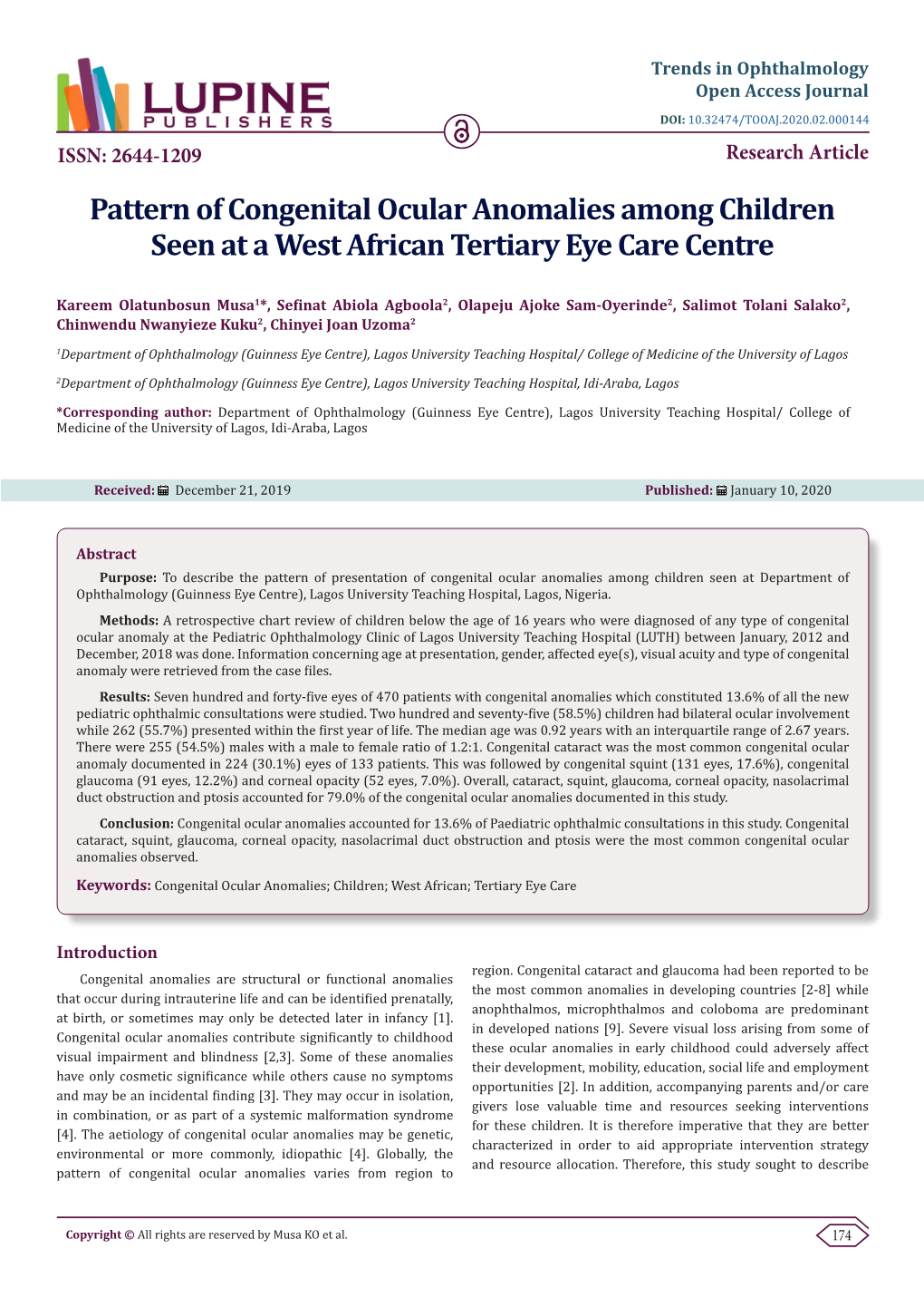 Pattern of Congenital Ocular Anomalies Among Children Seen at a West African Tertiary Eye Care Centre