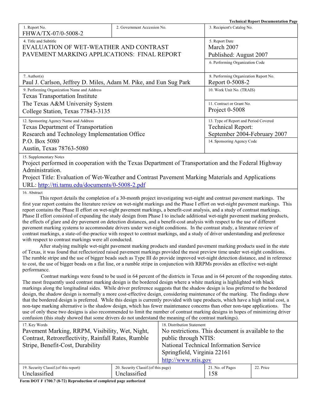 Evaluation of Wet-Weather and Contrast Pavement Marking Materials and Applications URL