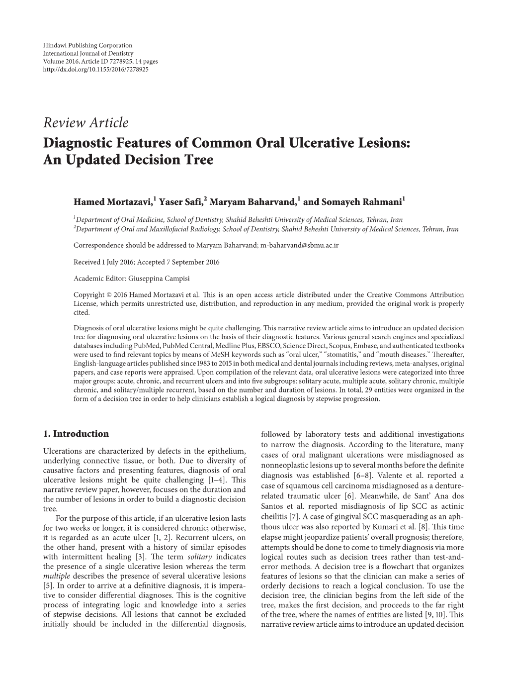 Review Article Diagnostic Features of Common Oral Ulcerative Lesions: an Updated Decision Tree