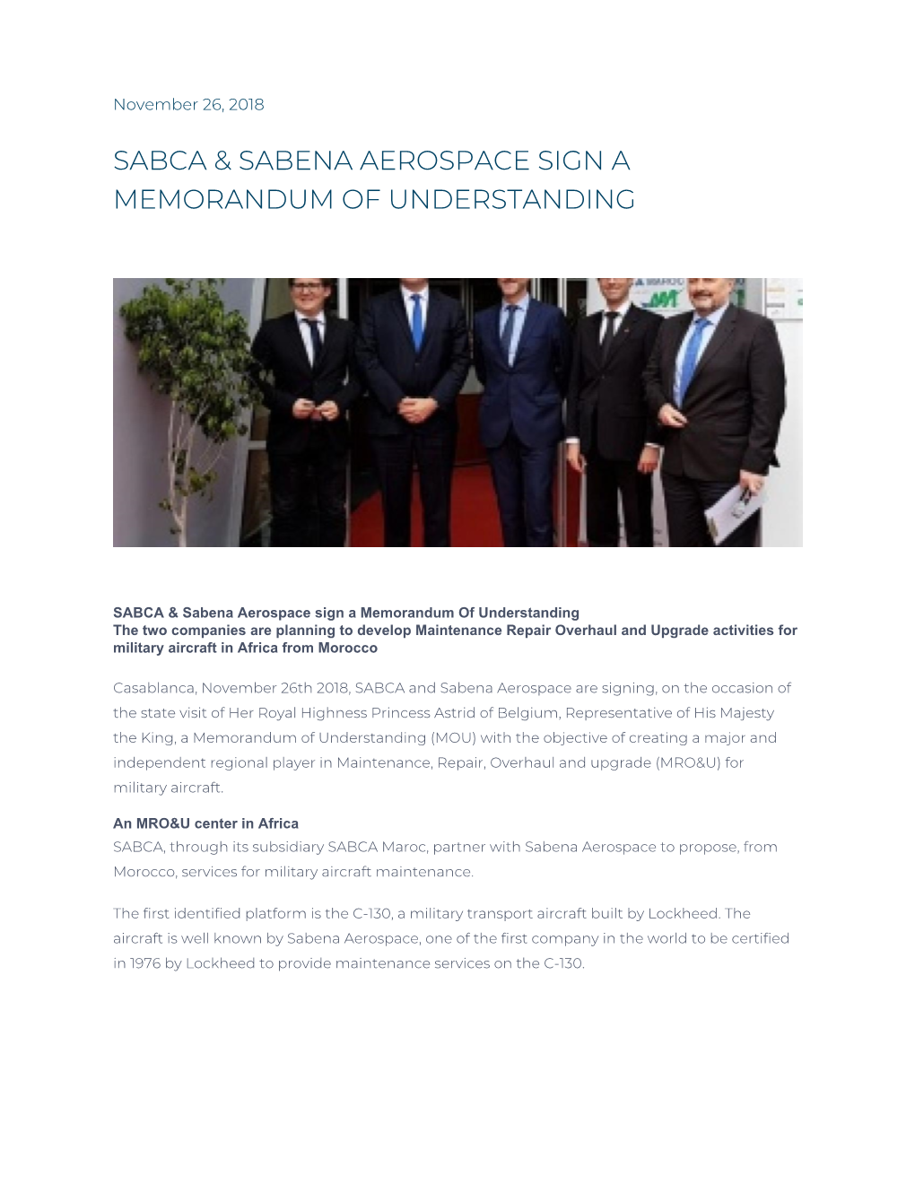 Sabca & Sabena Aerospace Sign a Memorandum of Understanding