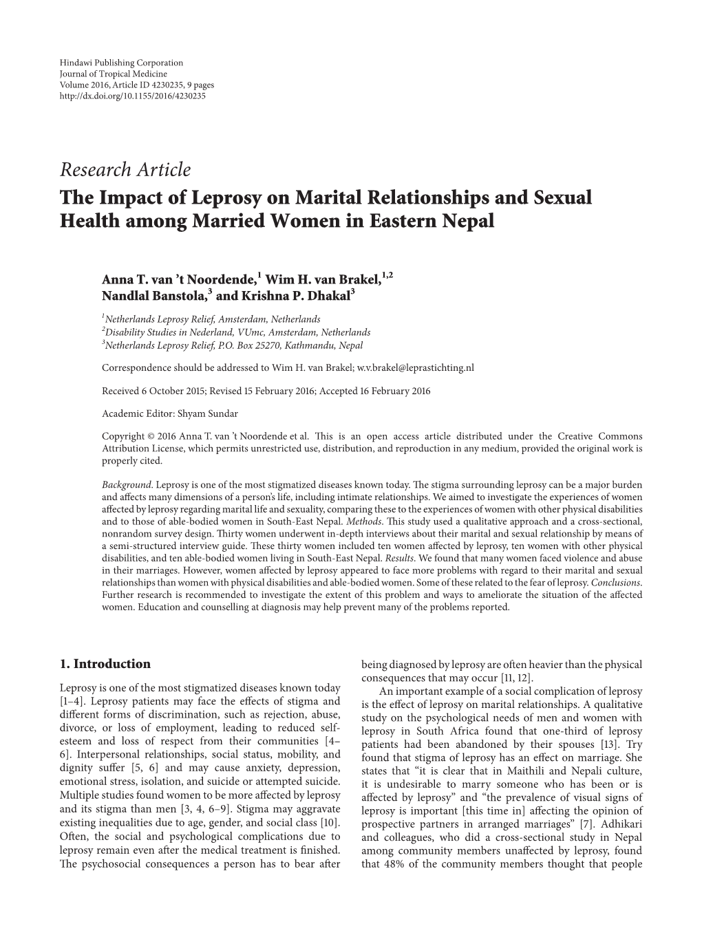 Research Article the Impact of Leprosy on Marital Relationships and Sexual Health Among Married Women in Eastern Nepal