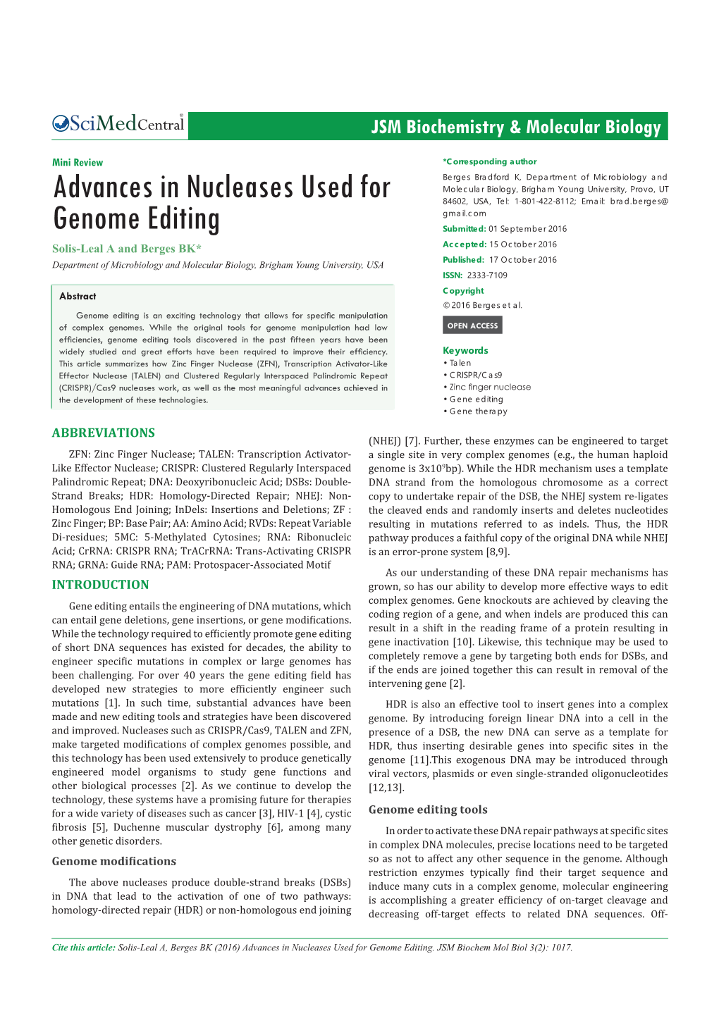 Advances in Nucleases Used for Genome Editing