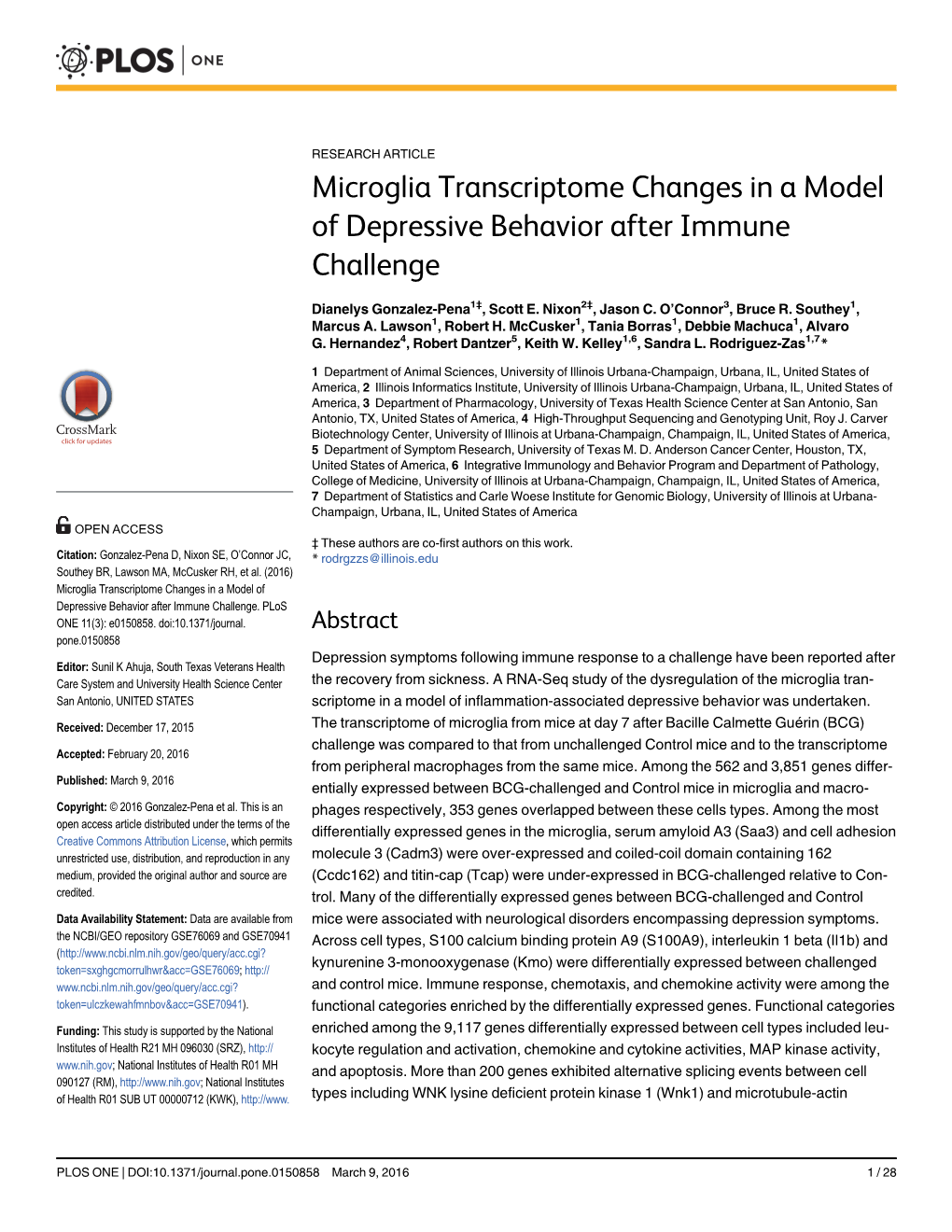 Microglia Transcriptome Changes in a Model of Depressive Behavior After Immune Challenge