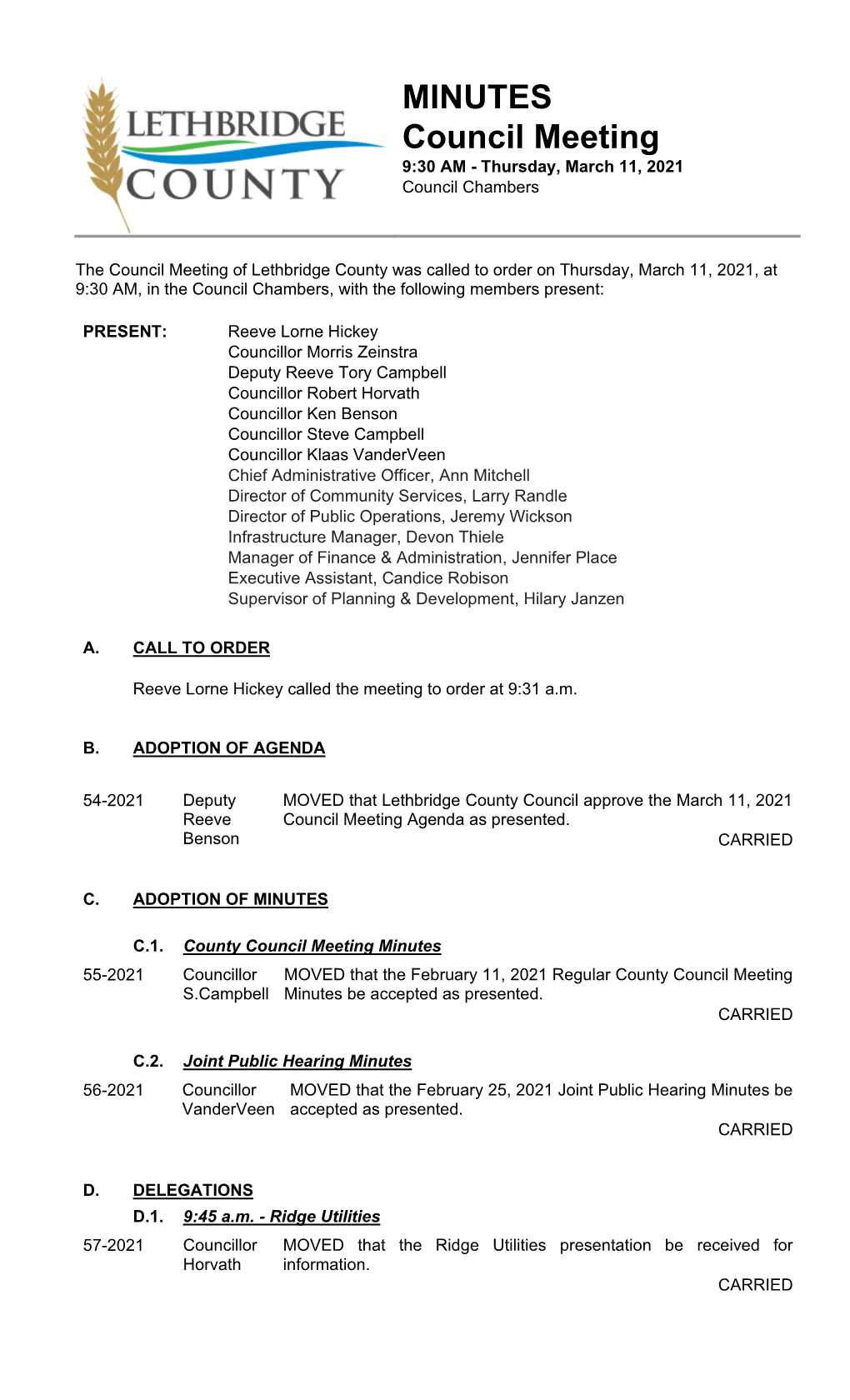 MINUTES Council Meeting 9:30 AM - Thursday, March 11, 2021 Council Chambers