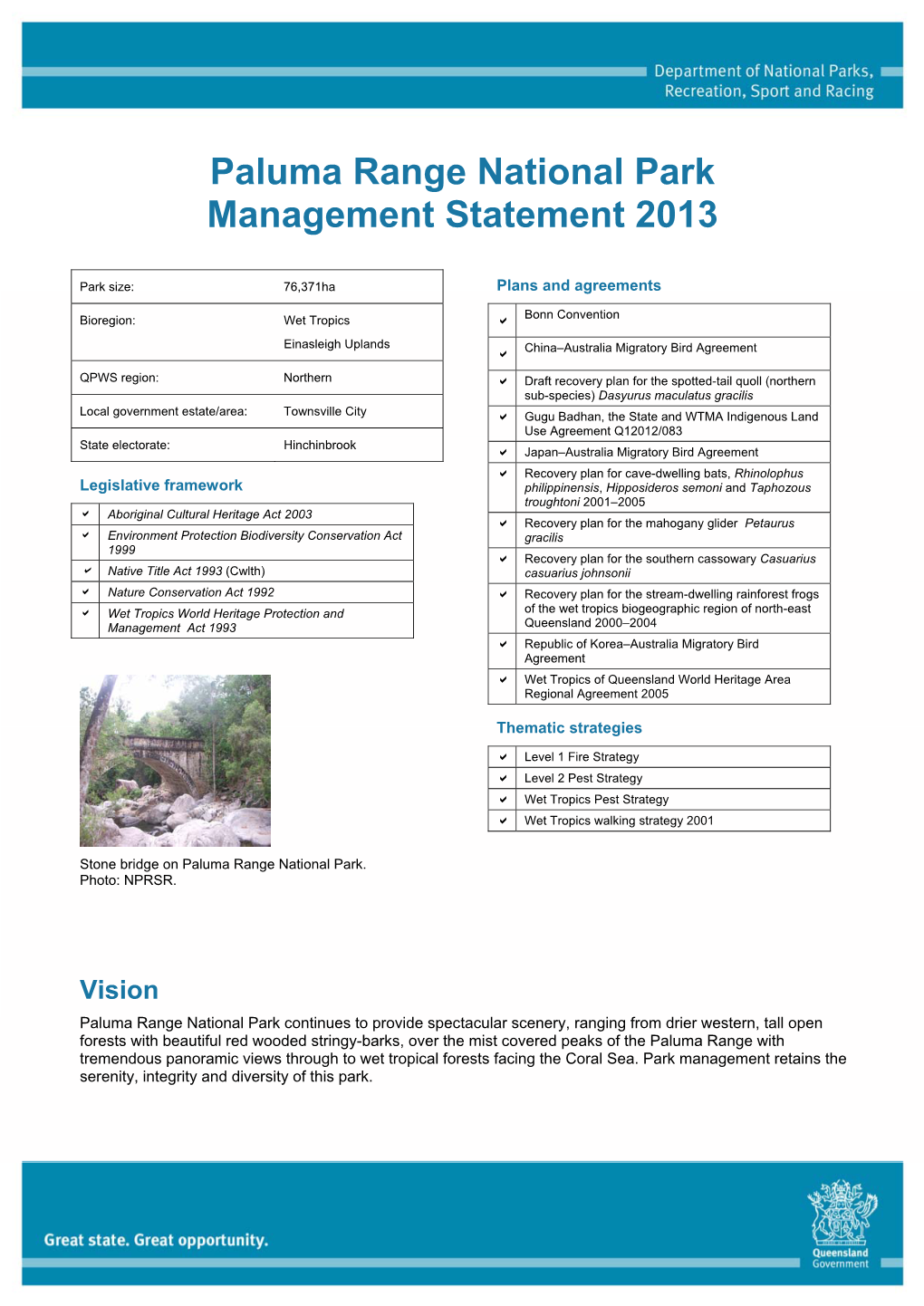 Paluma Range National Park Management Statement 2013