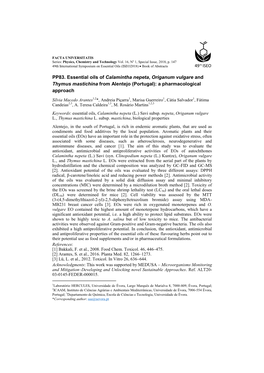 PP83. Essential Oils of Calamintha Nepeta, Origanum Vulgare and Thymus Mastichina from Alentejo (Portugal): a Pharmacological Approach