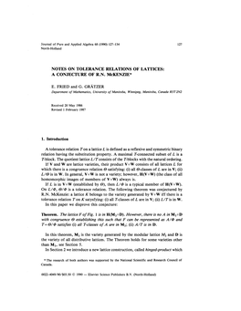 Notes on Tolerance Relations of Lattices: a Conjecture of R.N