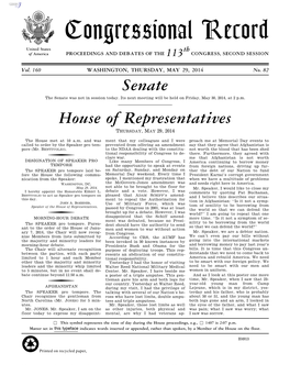 Congressional Record United States Th of America PROCEEDINGS and DEBATES of the 113 CONGRESS, SECOND SESSION